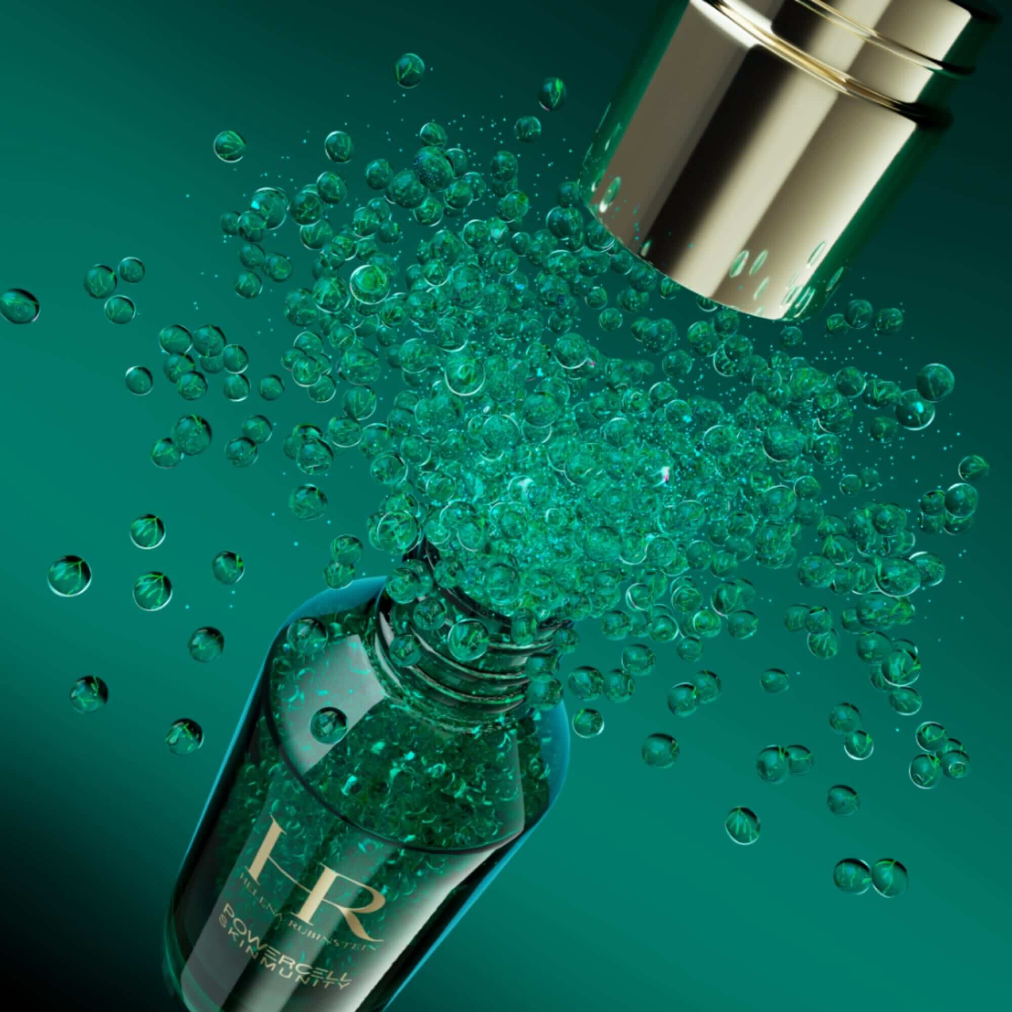 Helena Rubinstein Powercell Skinmunity Serum-Flakon, geoffnet, um seine einzigartige, sprudelnde Textur zu enthullen.